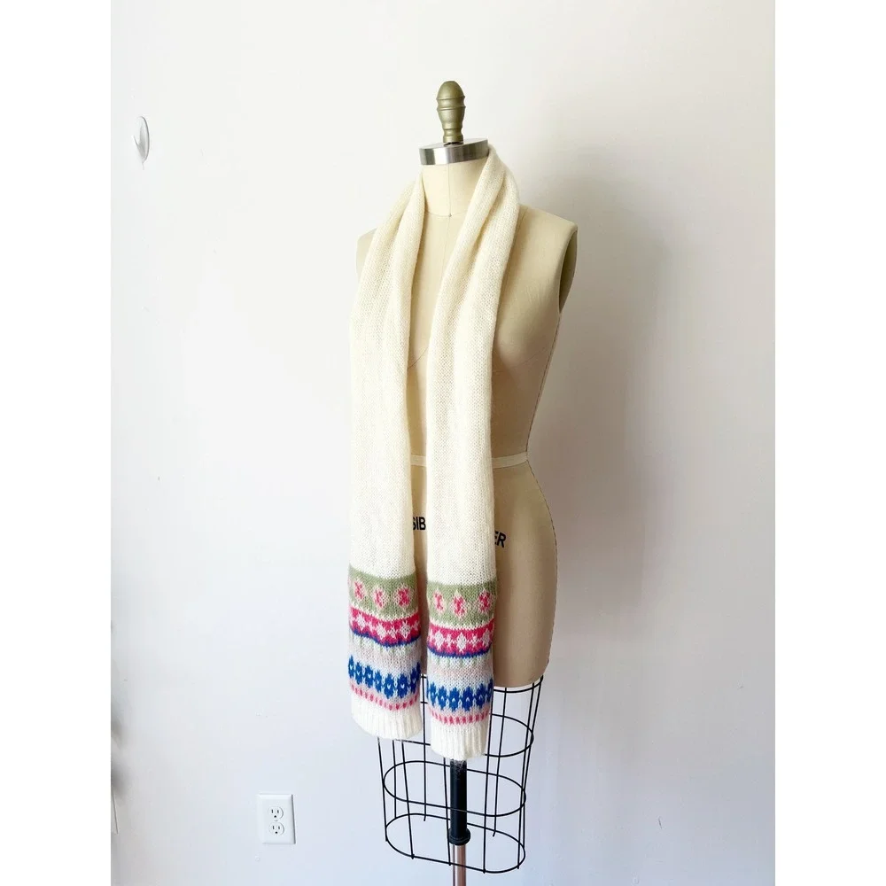 Boden Scarf Cream Fair Isle Mohair Wool Blend Knit Long Winter Scarf